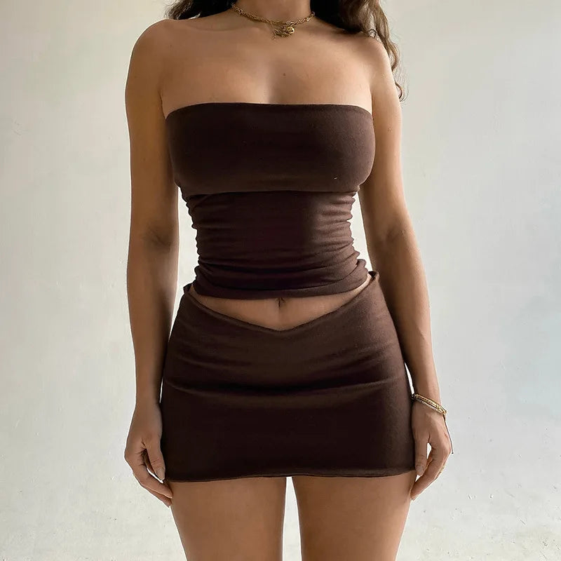 Sexy Beach Sleeveless Backless Folds Tube Crop Top Skinny Bag Hip Tight Skirts 2 Piece Matching Set Summer Fashion Streetwear