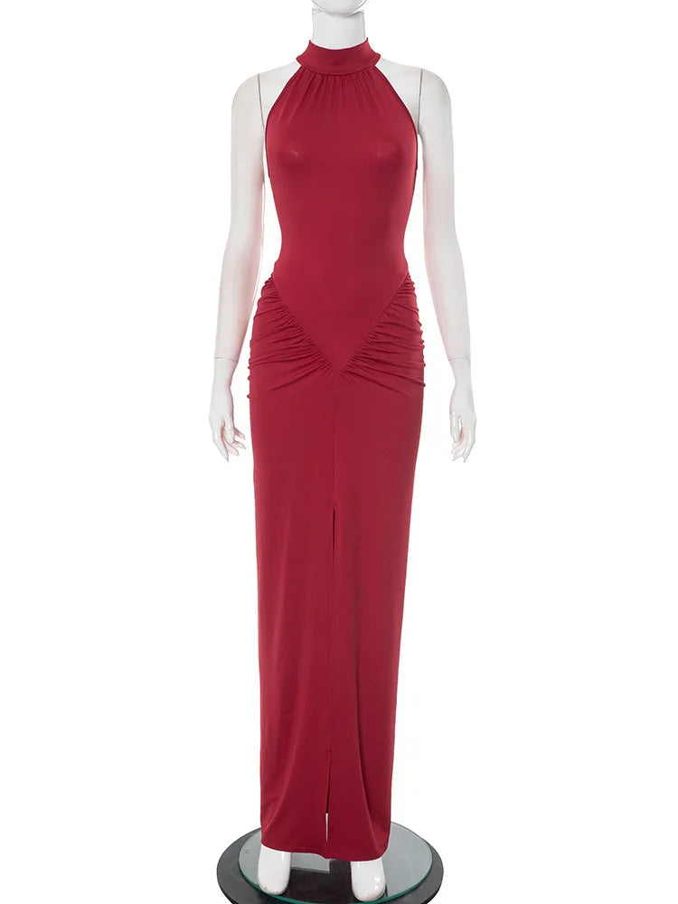 Halter Ruched Sleeveless Sexy Maxi Dress Women Gown Fashion Slim High Waist Evening Club Party Split Long Dress