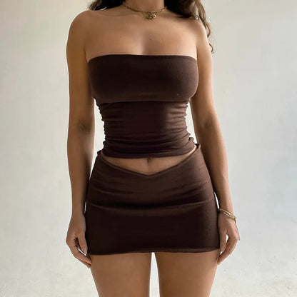 Sexy Beach Sleeveless Backless Folds Tube Crop Top Skinny Bag Hip Tight Skirts 2 Piece Matching Set Summer Fashion Streetwear